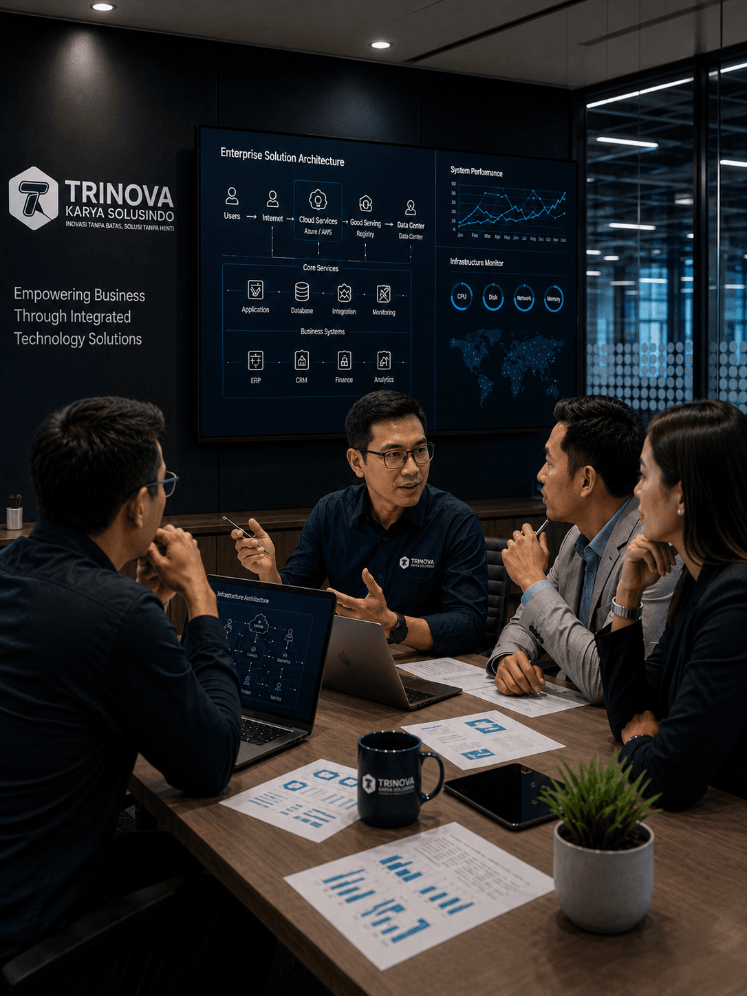 Tim Trinova berdiskusi dengan klien enterprise mengenai arsitektur sistem dan transformasi digital